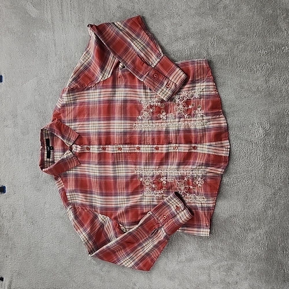 Folia Embroidered Top Womens XL Red Plaid Gingham Western Blouse Rockabilly
